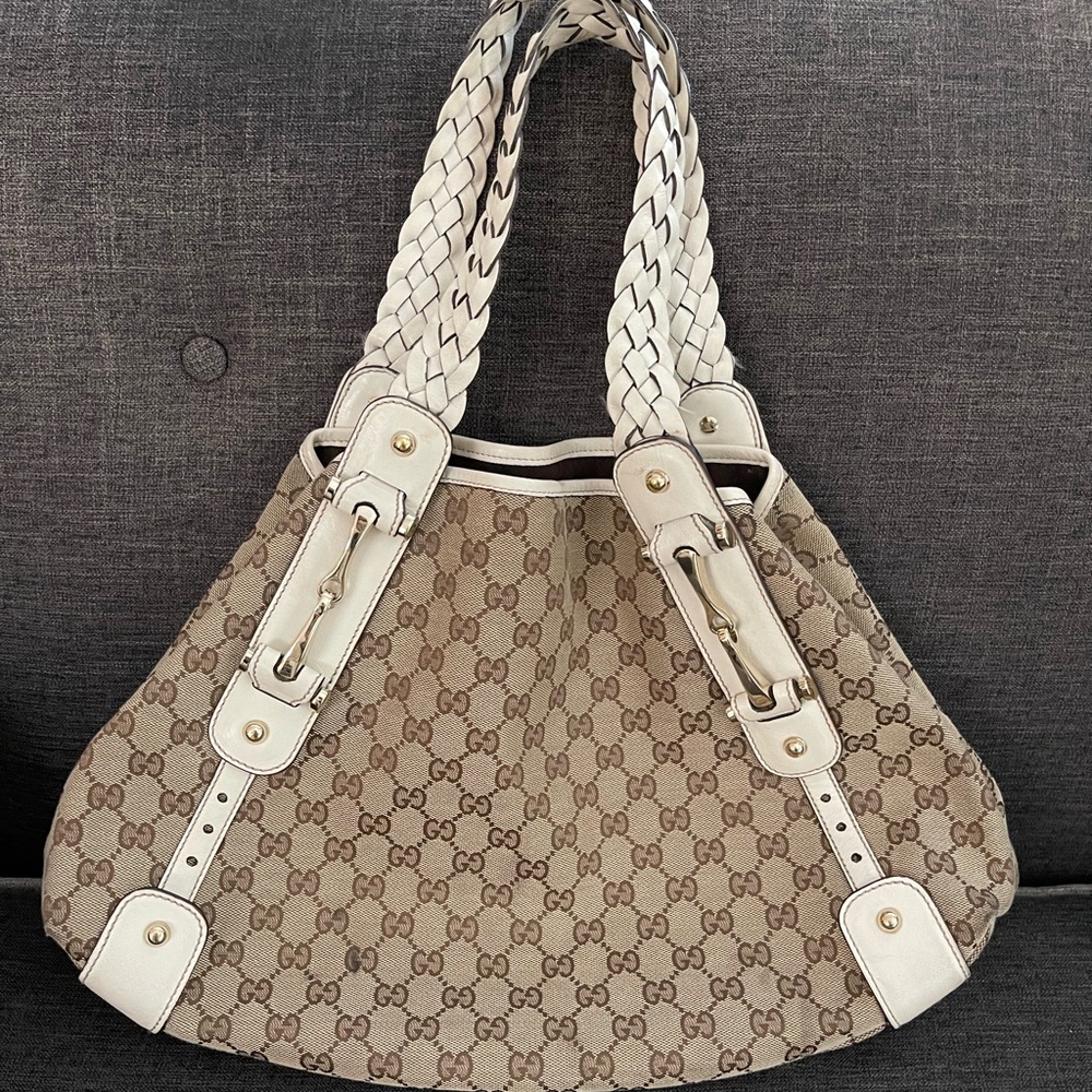 AUTHENTIC GUCCI LARGE PELHAM WHITE & BROWN HOBO TOTE